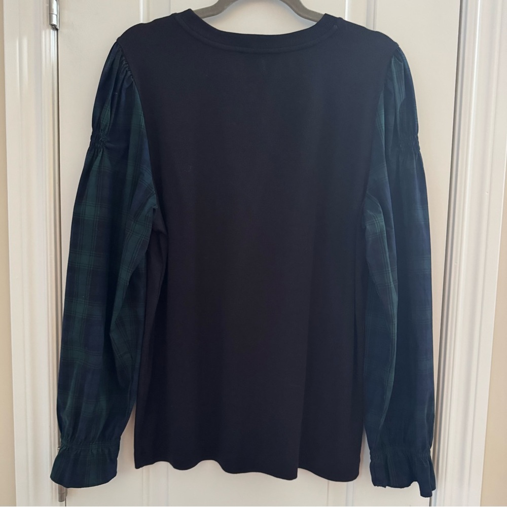 Loft Holiday Plaid Puff Balloon Ruffle Sleeve Comfy Relaxed Blue Green Black Top - Picture 4 of 8